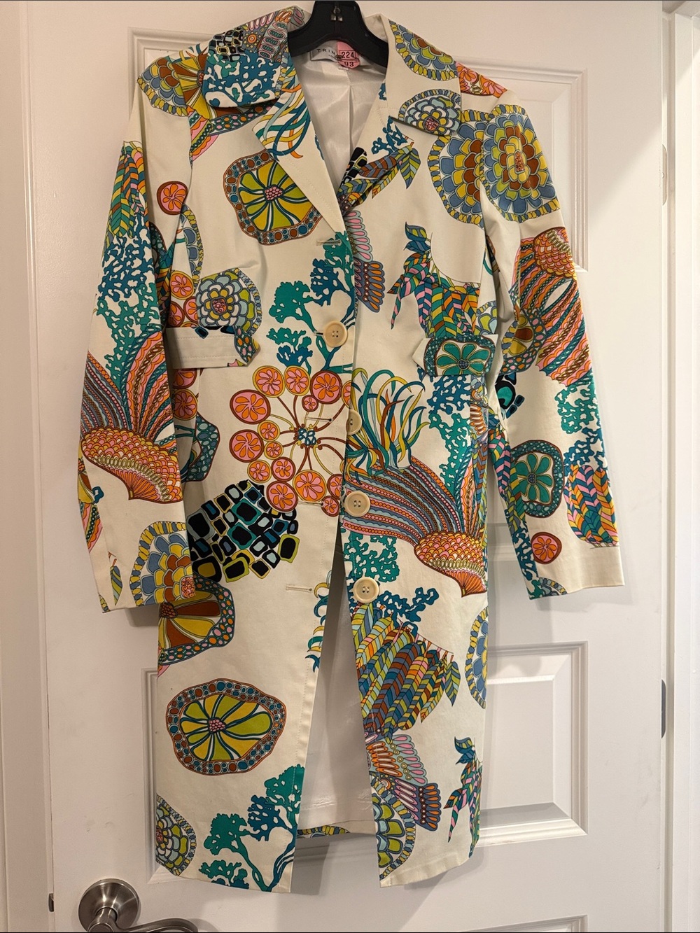 Colorful Floral Print Long Jacket Coat - White Multi